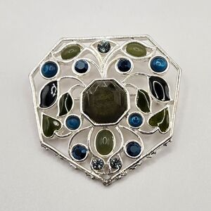 Silvertone Brooch w/ Large Dichroic Center Stone & Enameled & Glass Accents